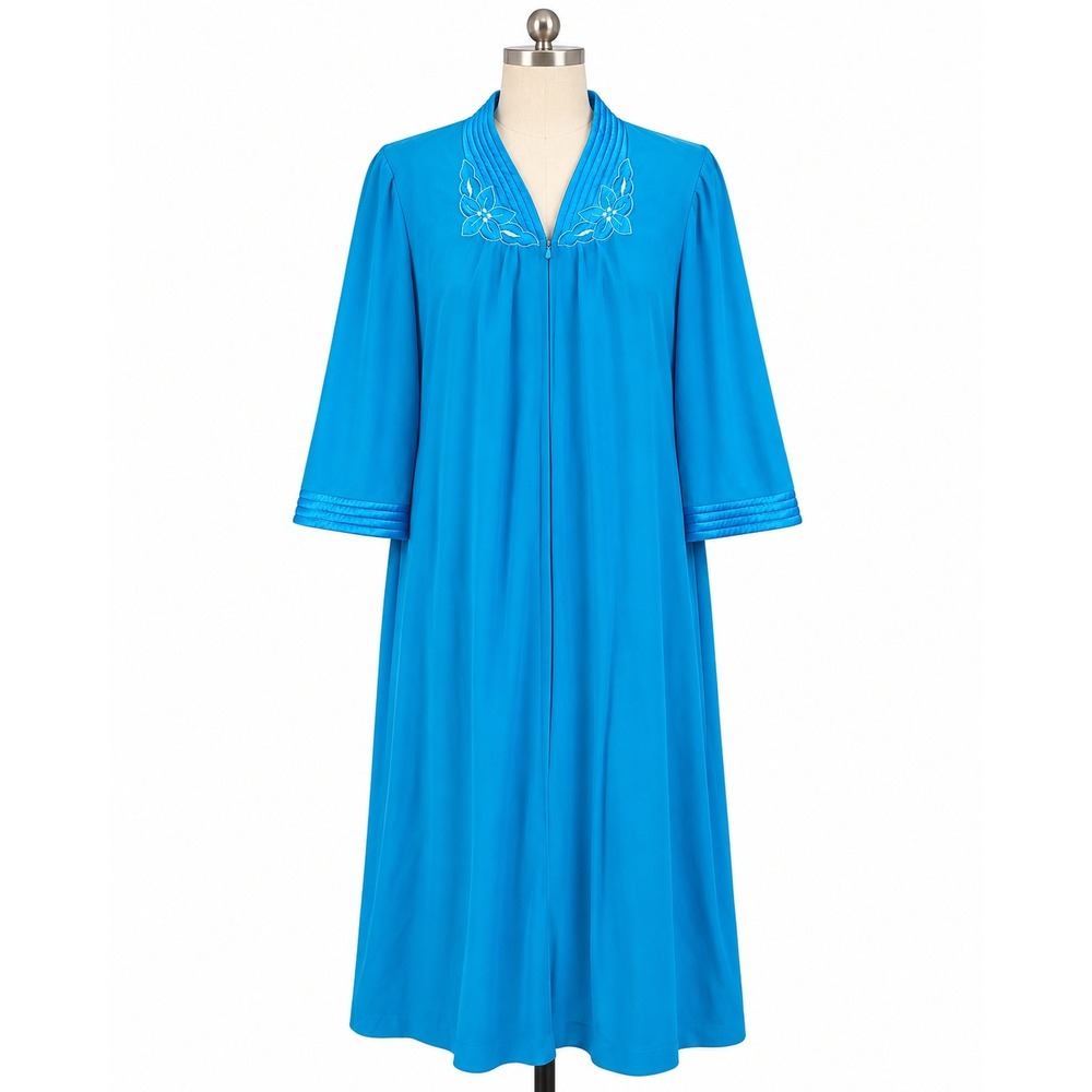 Vanity Fair Robe Womens Small Blue Vintage Zip Front Embroidered Housecoat EX